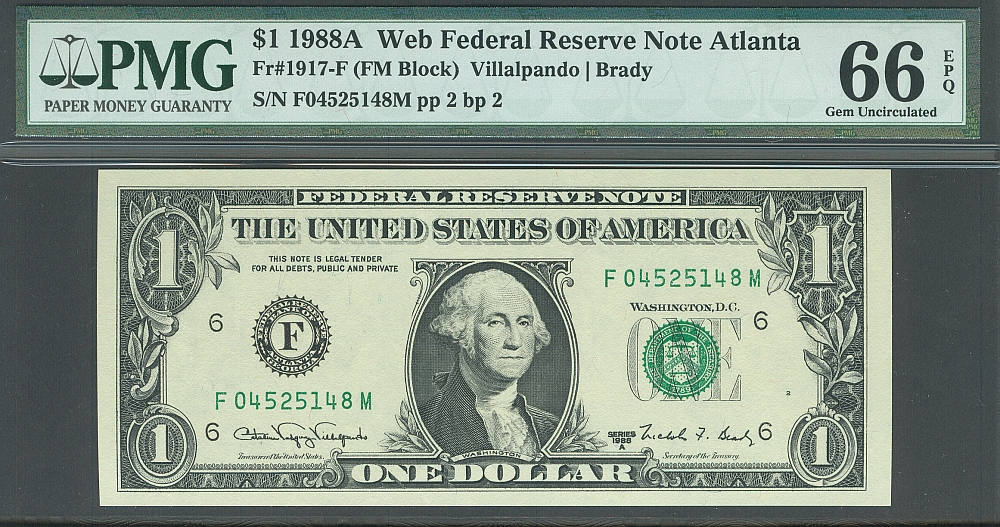 Fr.1917-F, 1988A $1 Web Note - F-M Block, Plate 2/2, GemCU, PMG66-EPQ